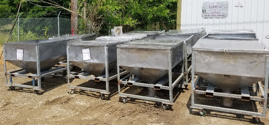 (3) Approx 30 cu.ft. Stainless Steel tote tank (~225 gal). Portable on wheels. 4' x 4' x 18
